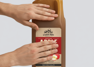 placing label on jug of apple cider