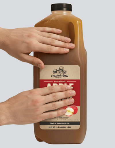 placing label on jug of apple cider