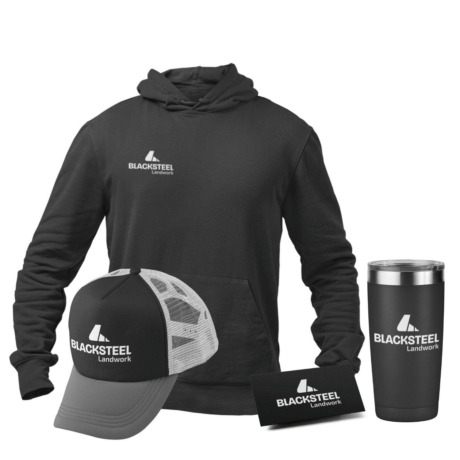 Blacksteel Landwork Concept of hoodie, cap, business card, and tumbler