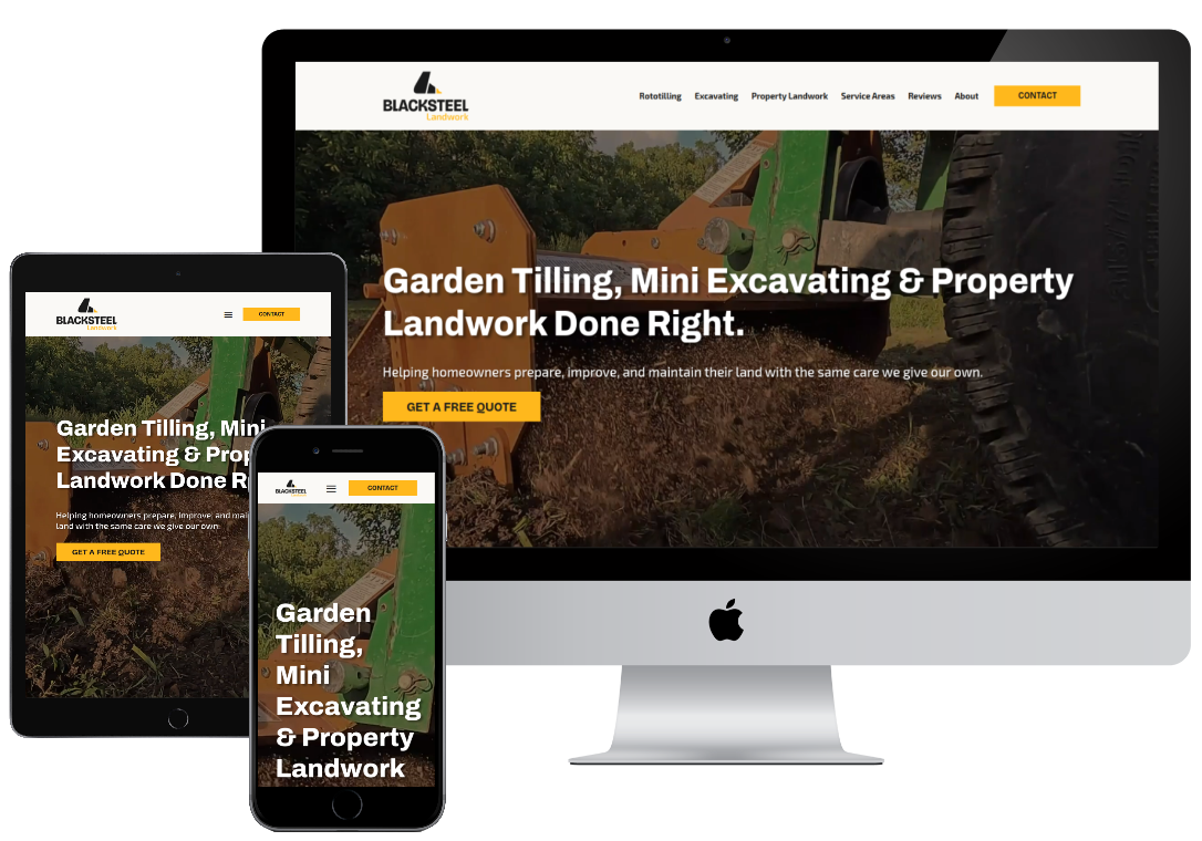 Blacksteel Landwork Concept of hoodie, cap, business card, and tumbler